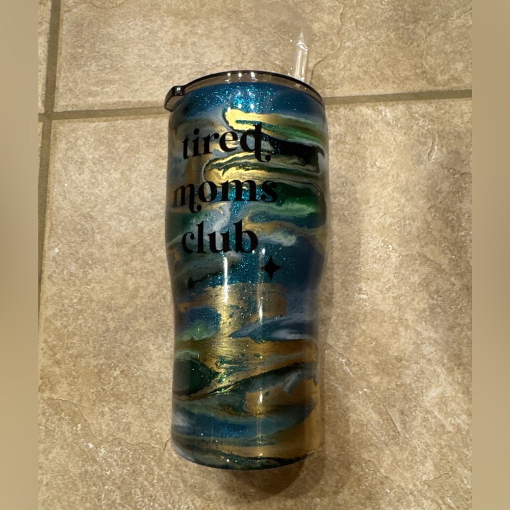 Blue and Gold Tired Moms Modern Curve Art Tumbler